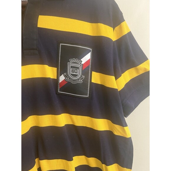 Tommy Hilfiger Polo Shirt Mens Large Large Blue Yellow Stripes Slim Rugby Patch - Picture 2 of 8